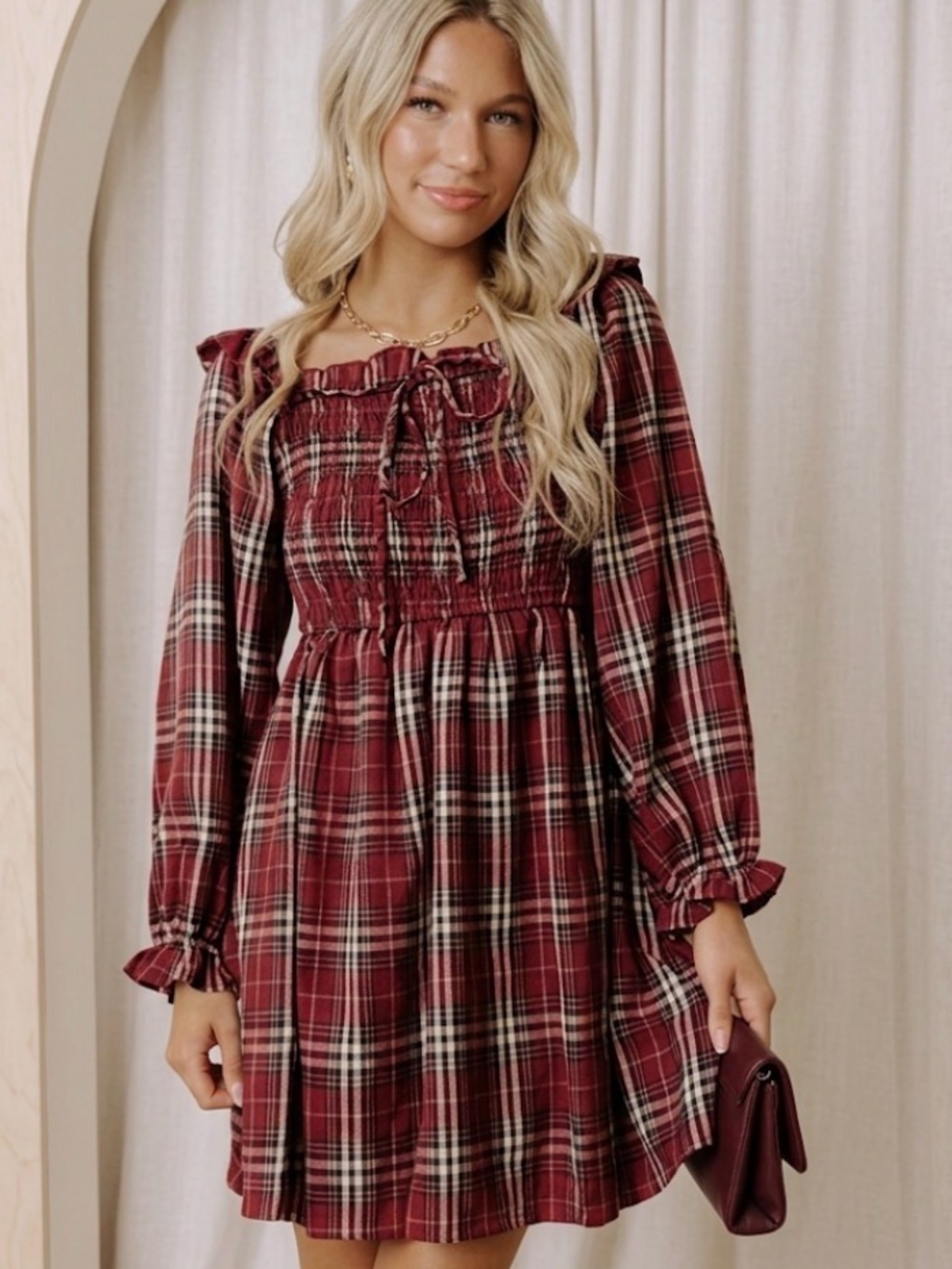 Impressions Plaid All Night Smocked Mini Dress Wine Red Medium Cottagecore